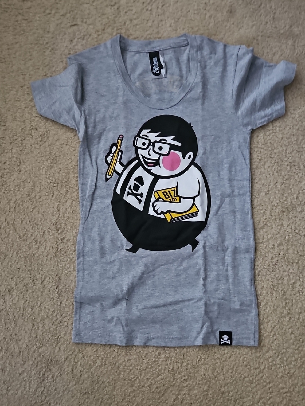 Johnny Cupcakes Women's Grey Tee with Cartoon Pencil Character